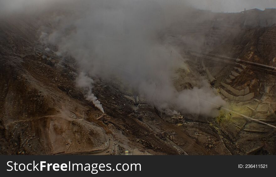 An egg-producing factory covered by sulphuric smoke in a volcanic valley in Hakone, Kanagawa, Japan. An egg-producing factory covered by sulphuric smoke in a volcanic valley in Hakone, Kanagawa, Japan.