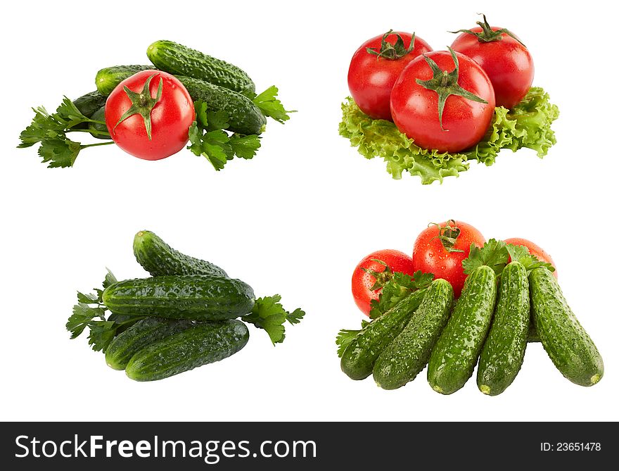 Tomato, cucumber vegetable and lettuce salad isolated on white background