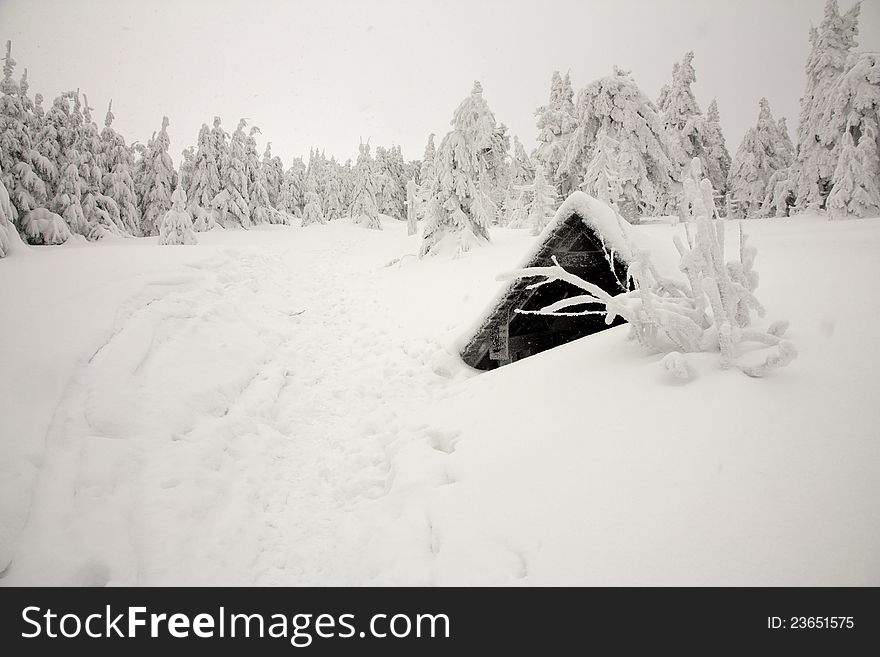 Mountain in winter, spring, winter hiking trail around the well, the beaten tracks in the snow, trees coated with snow, winter landscape with retracted air. Mountain in winter, spring, winter hiking trail around the well, the beaten tracks in the snow, trees coated with snow, winter landscape with retracted air