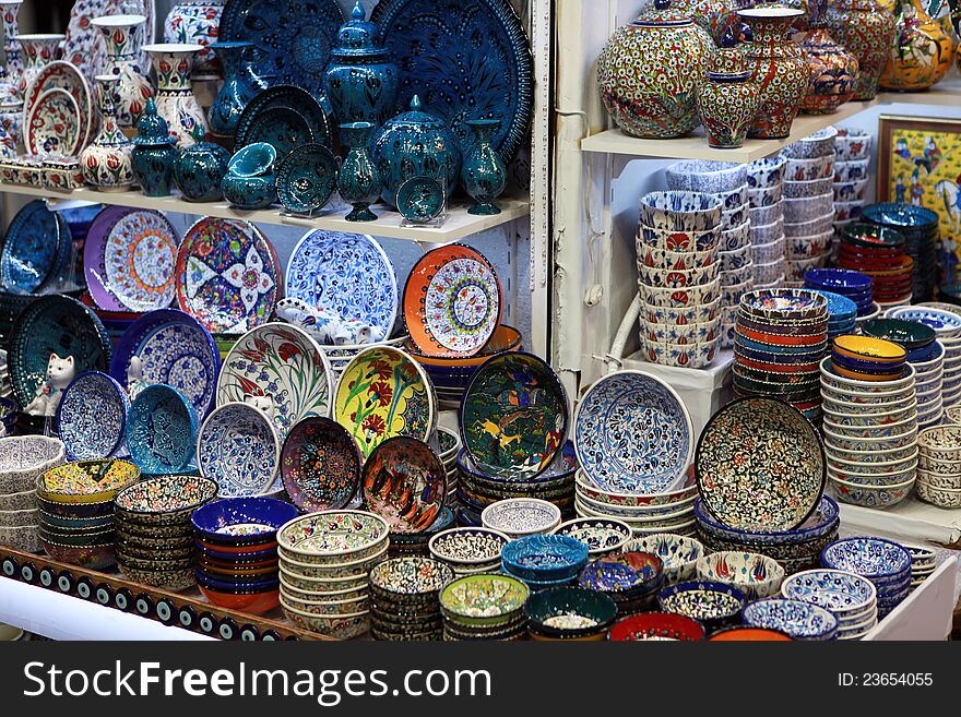 The Turkish porcelain object in the Grand Bazaar, Istanbul.,