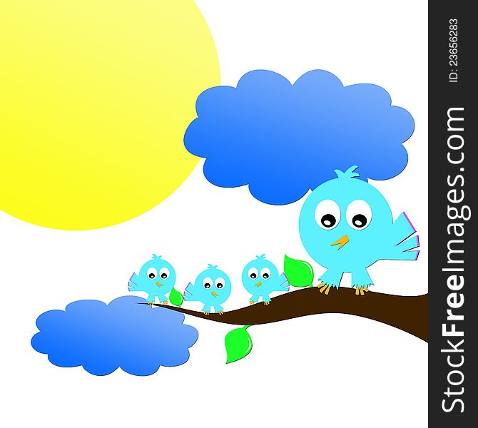 A family of birds sitting on a tree branch amid the clouds and sun. A family of birds sitting on a tree branch amid the clouds and sun