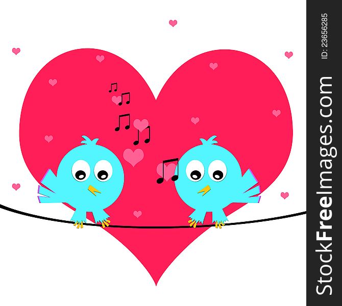 Two blue birds singing on a wire with a red heart background. Two blue birds singing on a wire with a red heart background