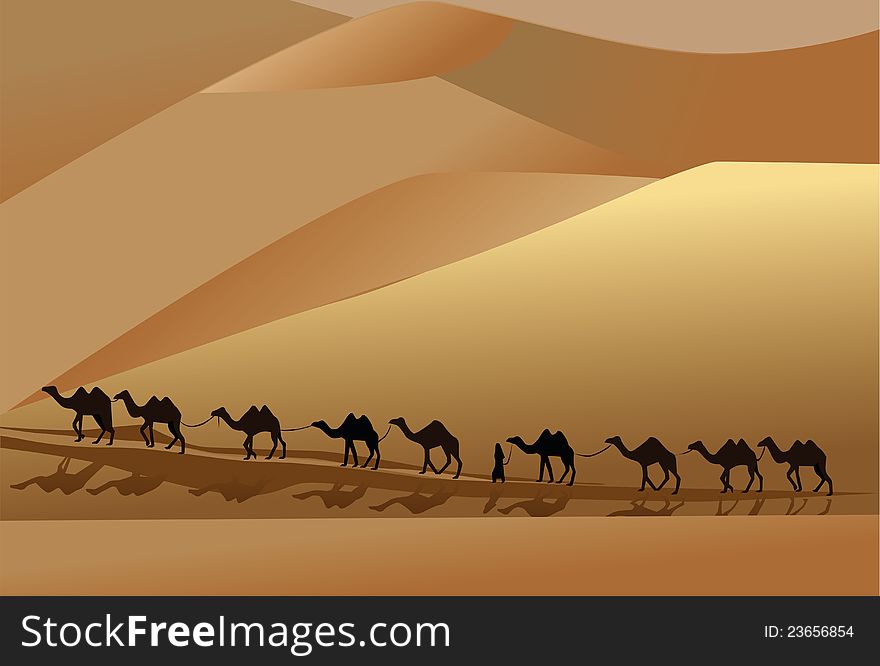 Camel caravan going through the desert with a man