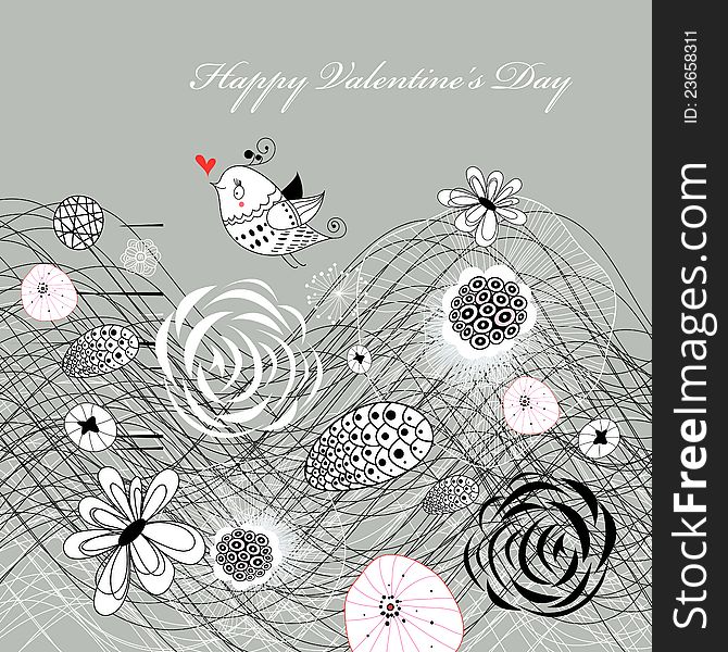 Graphical greeting card with a bird, and abstractions and flowers on a gray