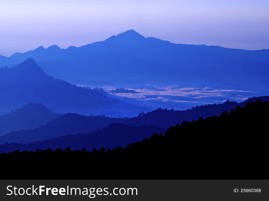 Blue silhouette mountain in North of Thailand