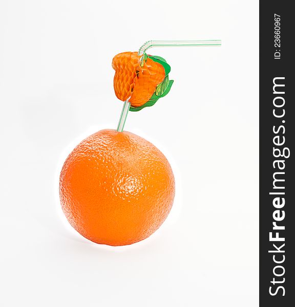 The orange with the duct for juice on the white background