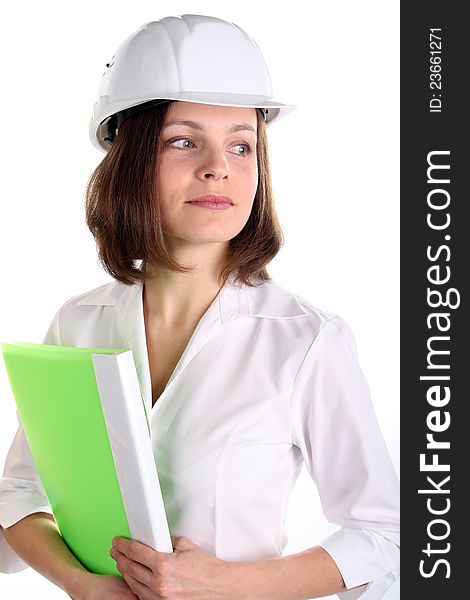 Girl in a hardhat with green folder