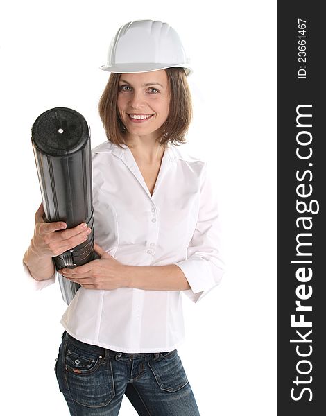 Woman architect in hardhat and blueprints isolated on white background