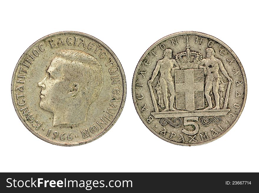 Old Greek 5 drachmas coin from 1966