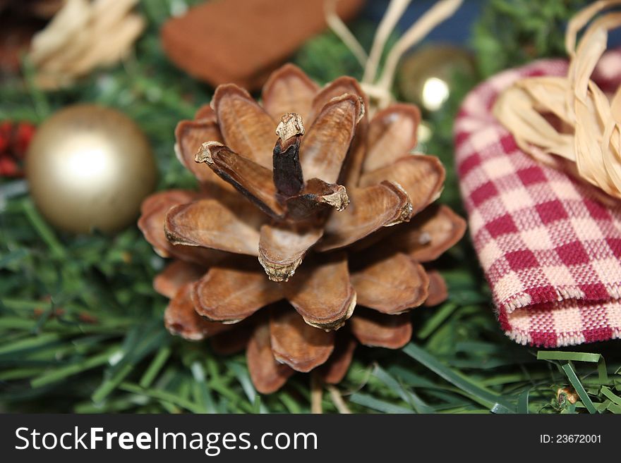 A pinecone with fellow Christmas decorations celebrating the holidays. A pinecone with fellow Christmas decorations celebrating the holidays.