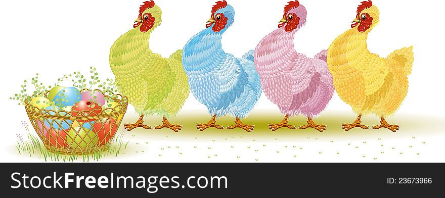 Four colorful funny hens and basket of easter eggs over white background. Vector illustration. Four colorful funny hens and basket of easter eggs over white background. Vector illustration