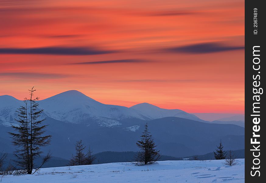 Winter landscape in the mountains at sunset with red sky. Ukraine, Carpathian Mountains, the ridge Chernogora. Winter landscape in the mountains at sunset with red sky. Ukraine, Carpathian Mountains, the ridge Chernogora