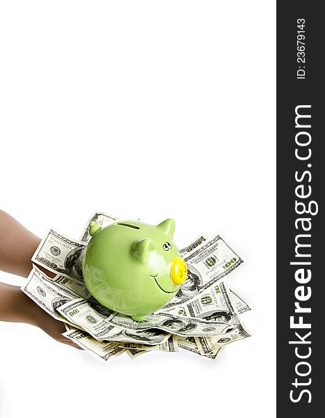 a woman holding a lot of money and piggy bank. a woman holding a lot of money and piggy bank