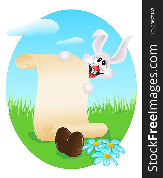 Easter bunny with paper scroll and chocolate eggs on a meadow
