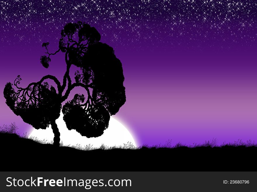 Illustration of purple sunset and alone tree silhouette