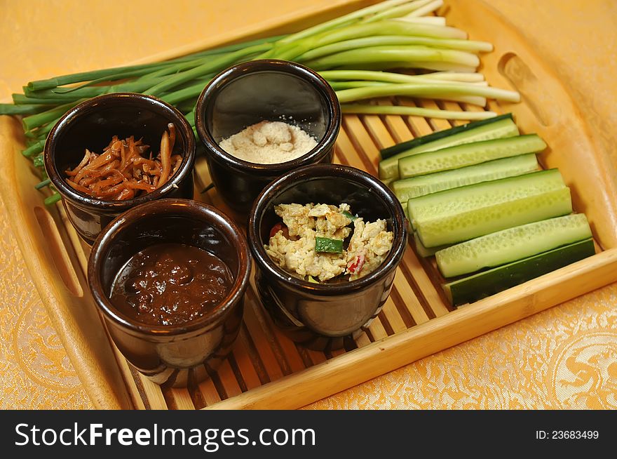 Chinese appetizers . green onions and cucumbers