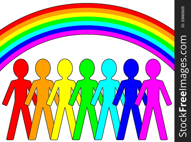 Simple concept of vector illustration Rainbow people. Silhouette of red, green, blue, yellow, orange, cyan and magenta character and rainbow. Simple concept of vector illustration Rainbow people. Silhouette of red, green, blue, yellow, orange, cyan and magenta character and rainbow.