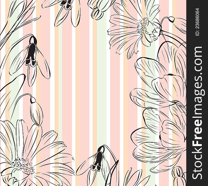 Colored striped background with black outlines spring flowers. Colored striped background with black outlines spring flowers