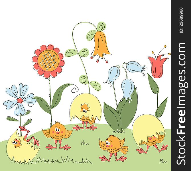 Easter Card with cartoon chicken and flowers