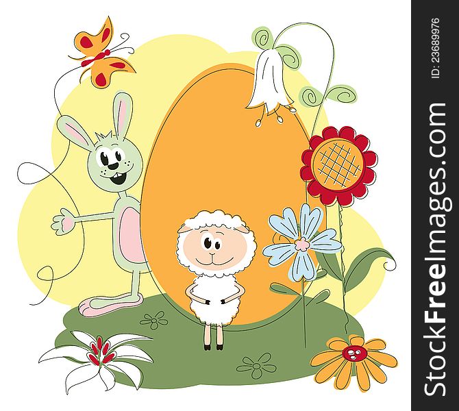 Easter greeting card with cheerful rabbit and lamb