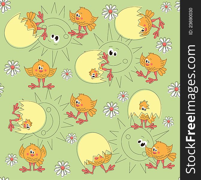 Easter pattern seamless with cartoon chicken and sun