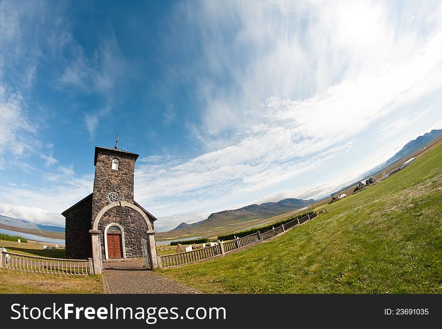 Stone church in the coutry (Tingeyri Church, Iceland)