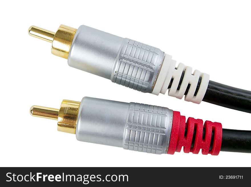 Gold plated RCA stereo audio connectors, isolated on white. Gold plated RCA stereo audio connectors, isolated on white