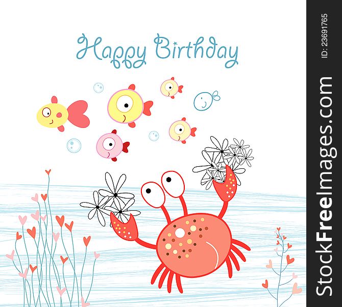 Graphical greeting card with crab and fish on a white background