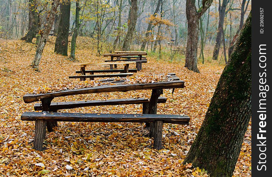 Handmade wooden tables and beches in a romanian forest. Handmade wooden tables and beches in a romanian forest