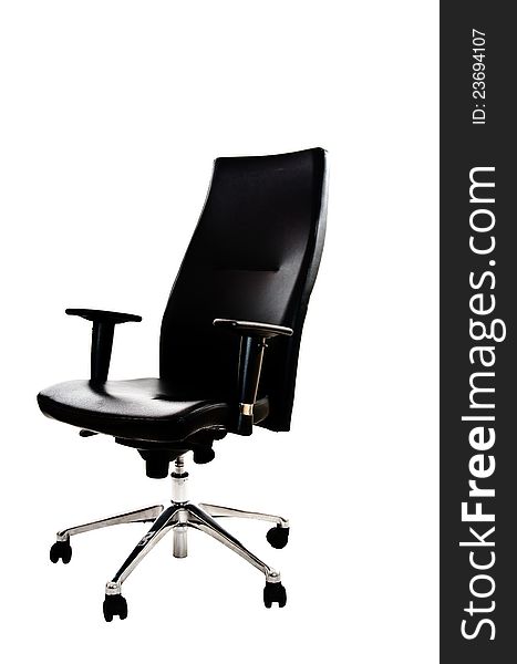 Black leather office armchair isolated on white background - angle view. Black leather office armchair isolated on white background - angle view