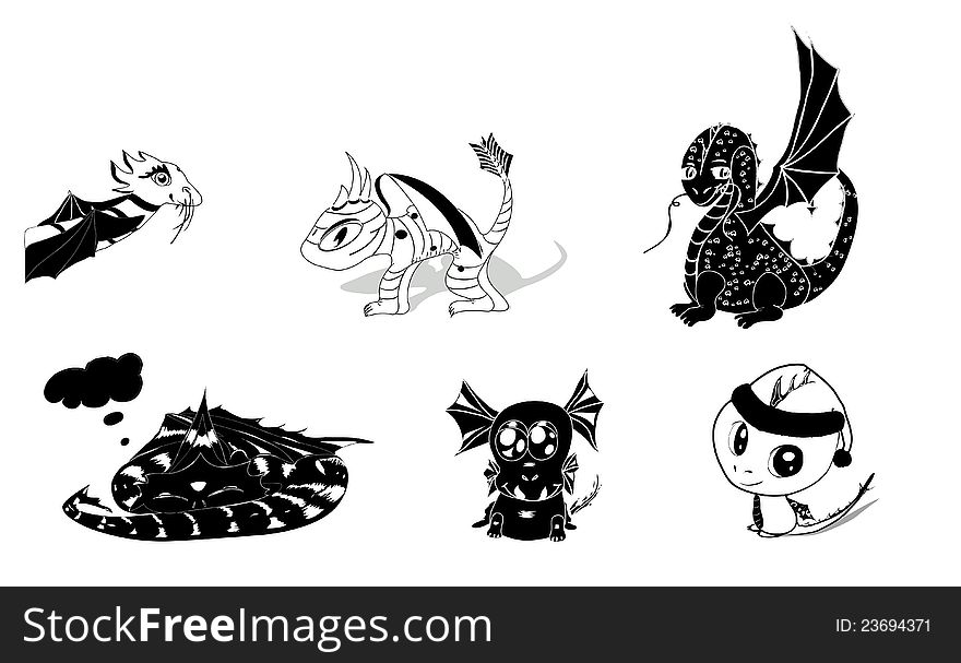Vector set of 6 dragons silhouettes cute and cartoony. eps 8. Vector set of 6 dragons silhouettes cute and cartoony. eps 8
