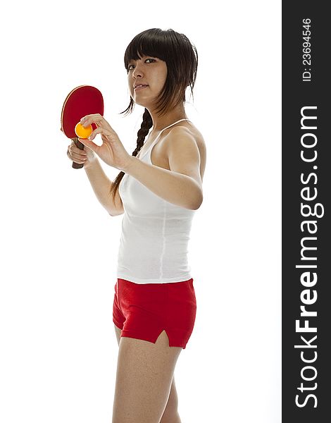 Young Asian woman with a ping-pong racket isolated on white. Closeup, vertical composition