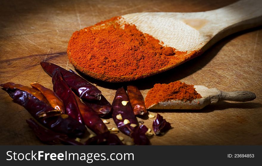 Chili assortment on wooden background