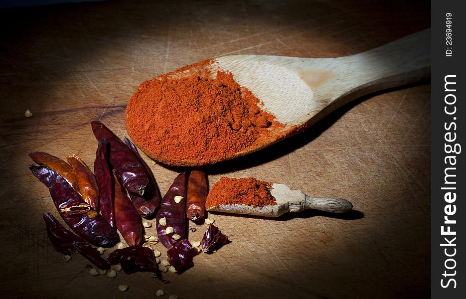 Chili assortment on wooden background