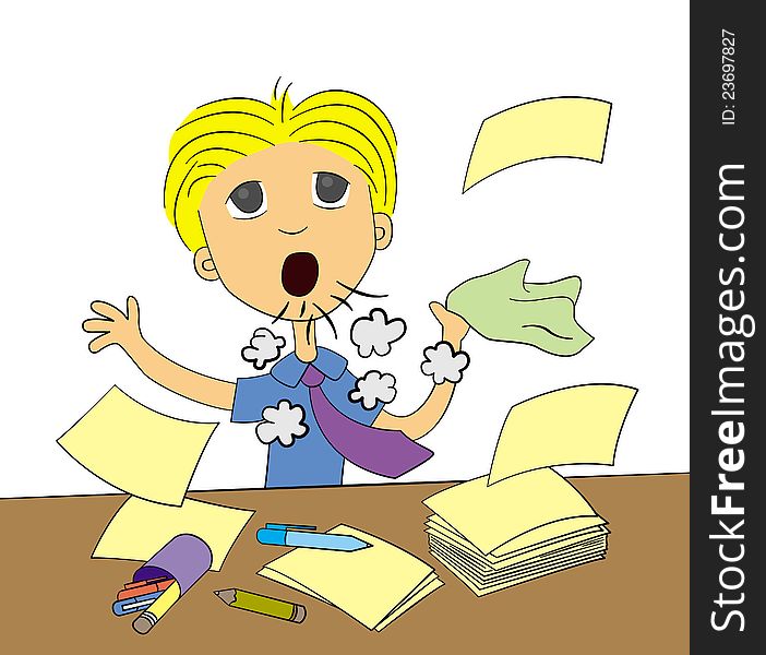 A funny illustration of a young man coughing and blowing his office papers. A funny illustration of a young man coughing and blowing his office papers