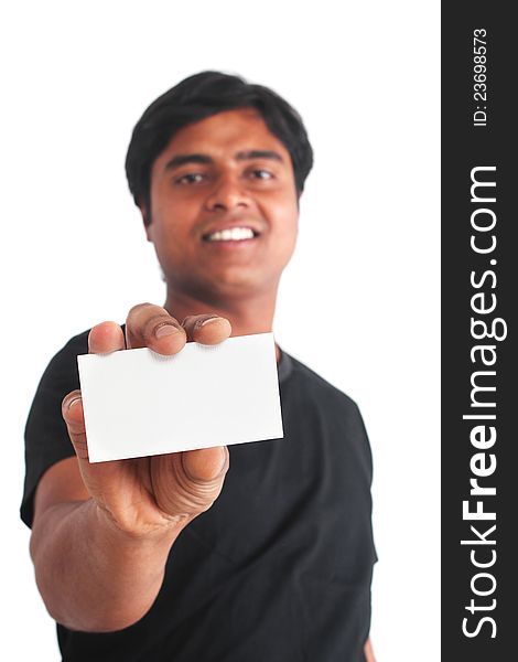 Young indian guy holding business card