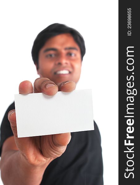 Indian young male holding business card on white background