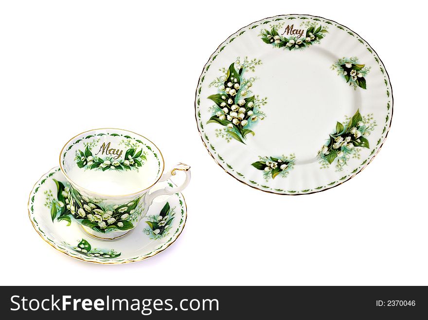 China plate, teacup and saucer - month of May - lilly of the valley. China plate, teacup and saucer - month of May - lilly of the valley.