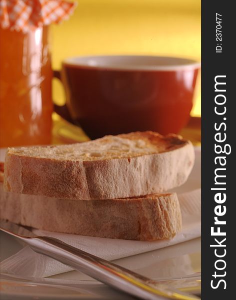 Ciabatta toast with marmalade and coffee, breakfast for a light start to the day