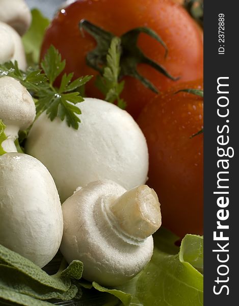 Fresh mushroom close up with tomato in background. Fresh mushroom close up with tomato in background