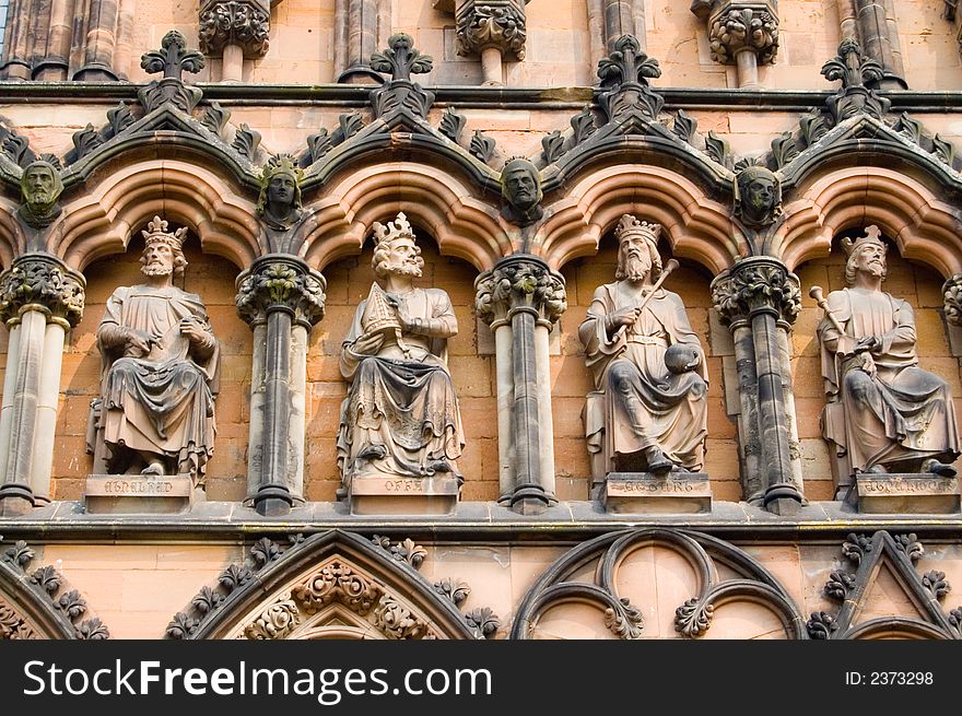 Four sculptures on the front of
lichfield cathedral,
staffordshire,
united kingdom