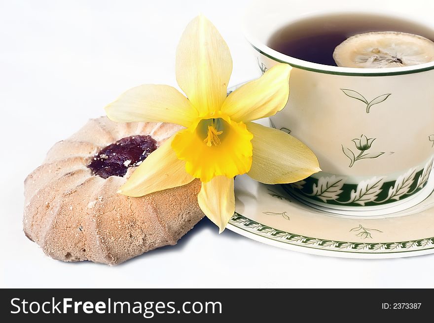 Close up at tea cup full with tea, large cookie, yellow fresh daffodil. Close up at tea cup full with tea, large cookie, yellow fresh daffodil