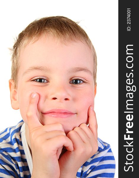 Smile boy with hands on a white background