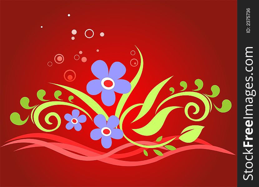 Dark blue flowers on a red background with circles and strips. Dark blue flowers on a red background with circles and strips.