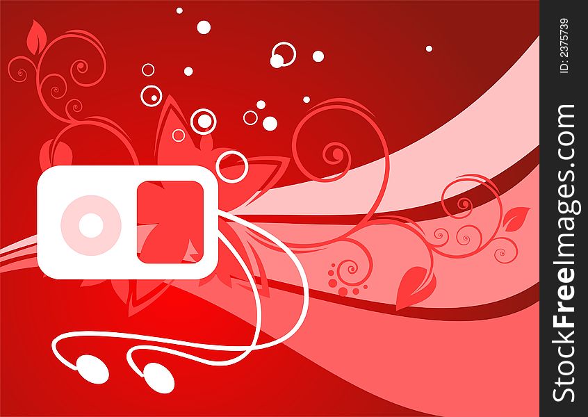 White player with headphones with a vegetative pattern, strips and circles on a red background. White player with headphones with a vegetative pattern, strips and circles on a red background.