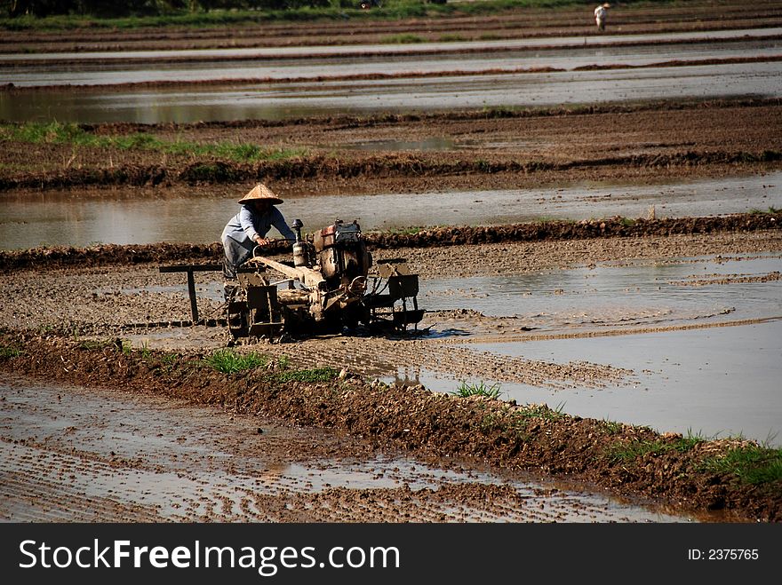 Plough machine and paddy field at the countryside