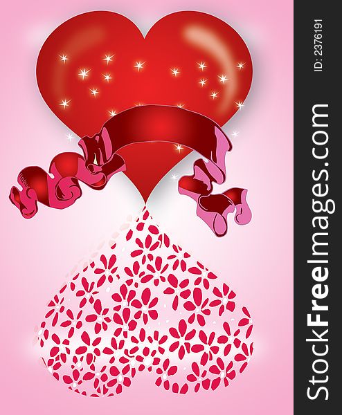 Abstract valentines background, heart with decorative swirls and banner, flowers. Abstract valentines background, heart with decorative swirls and banner, flowers