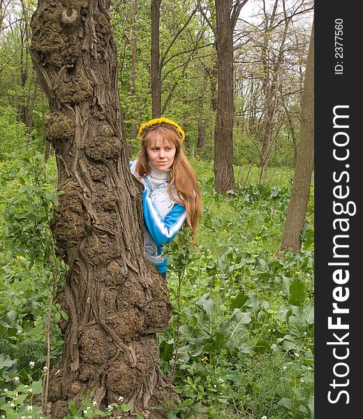 The red girl stands up for an old tree. The red girl stands up for an old tree