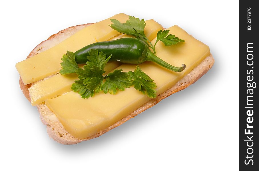 Sandwich with butter, yellow cheese, pepper and parsley. Sandwich with butter, yellow cheese, pepper and parsley