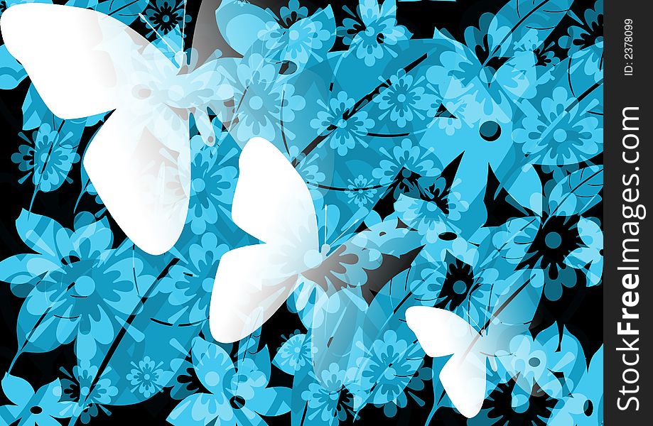 White butterfly on a blue floral background. White butterfly on a blue floral background